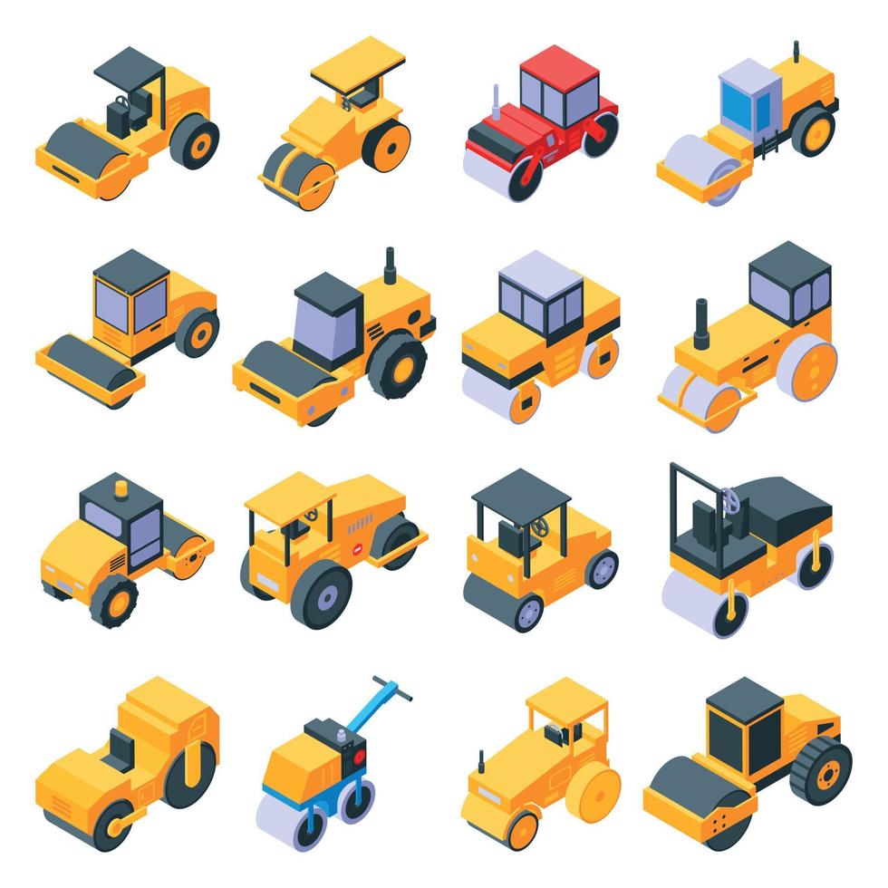 Road roller icons set, isometric style vector