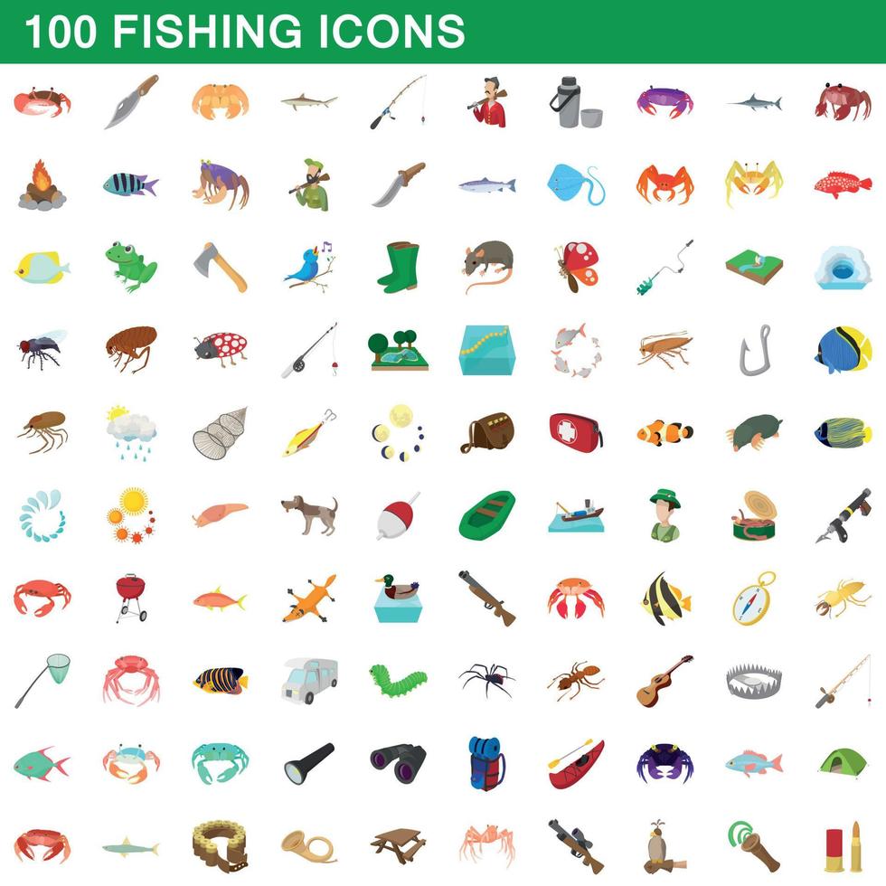 100 fishing icons set, cartoon style vector
