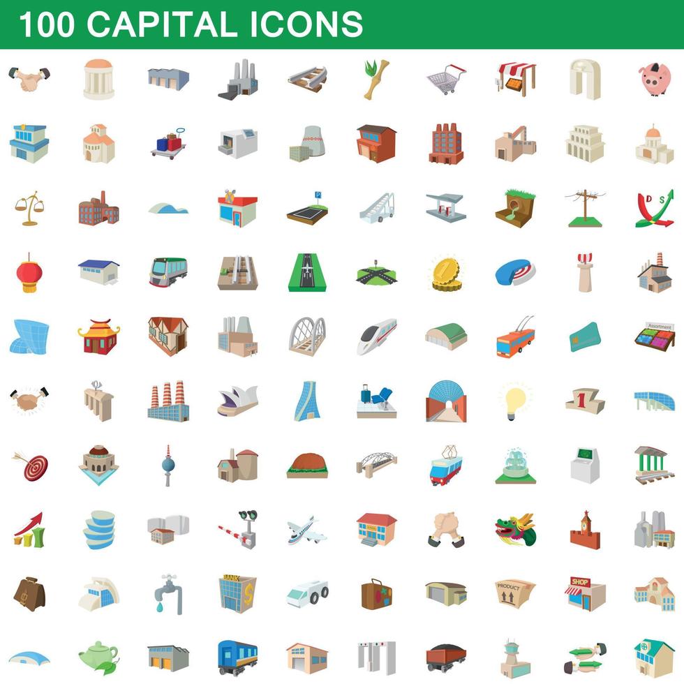 100 capital icons set, cartoon style vector