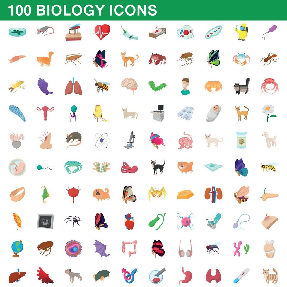 100 conjunto de iconos de biología, estilo de dibujos animados vector