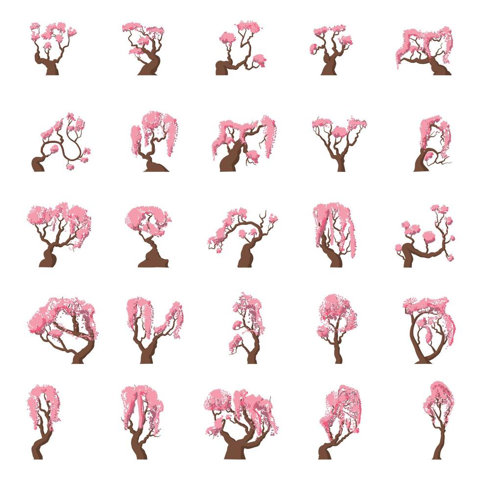 25 Cartoon sakura trees set vector