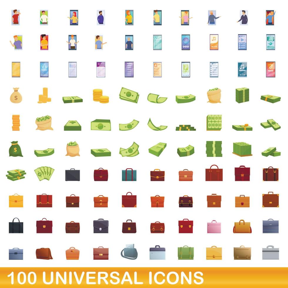 100 iconos universales, estilo de dibujos animados vector