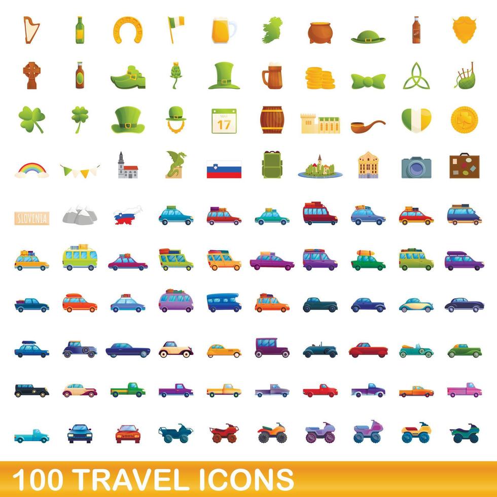 100 travel icons set, cartoon style vector