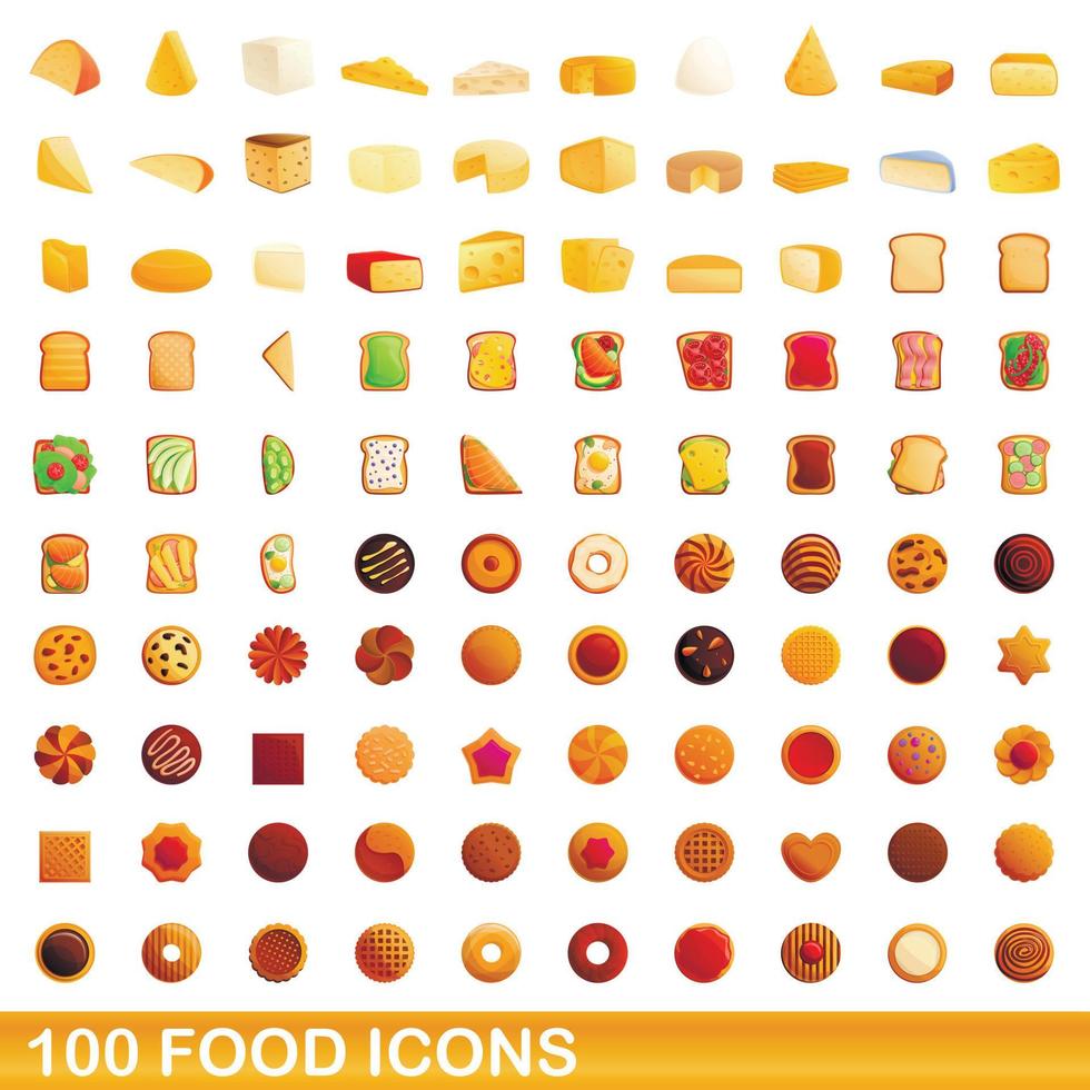 100 food icons set, cartoon style vector