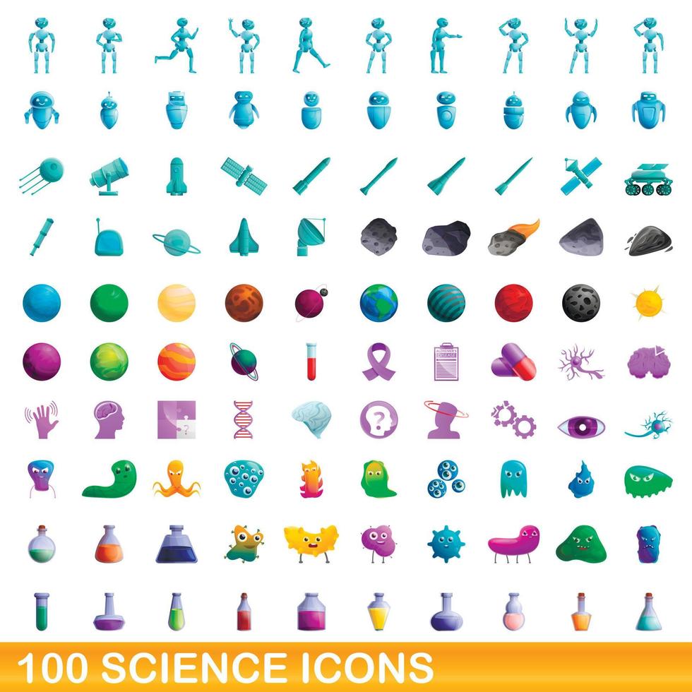 100 science icons set, cartoon style vector