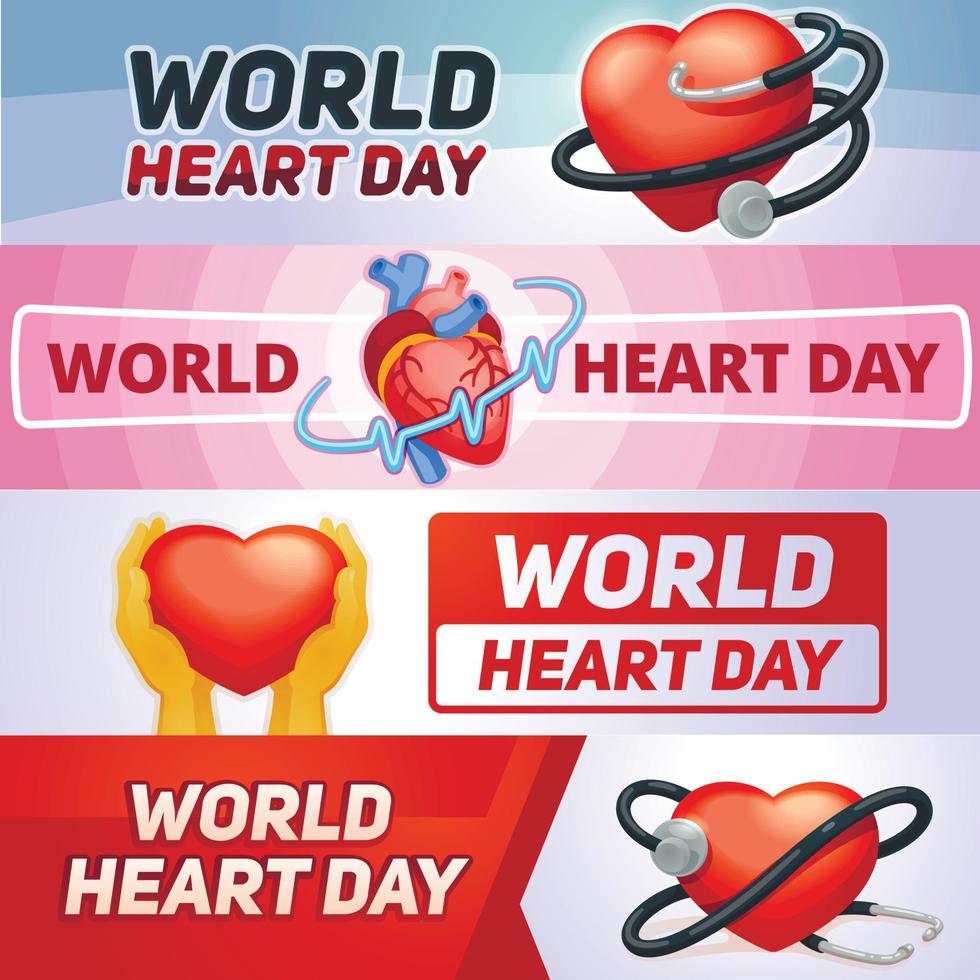 conjunto de banners del día mundial del corazón, estilo de dibujos animados vector