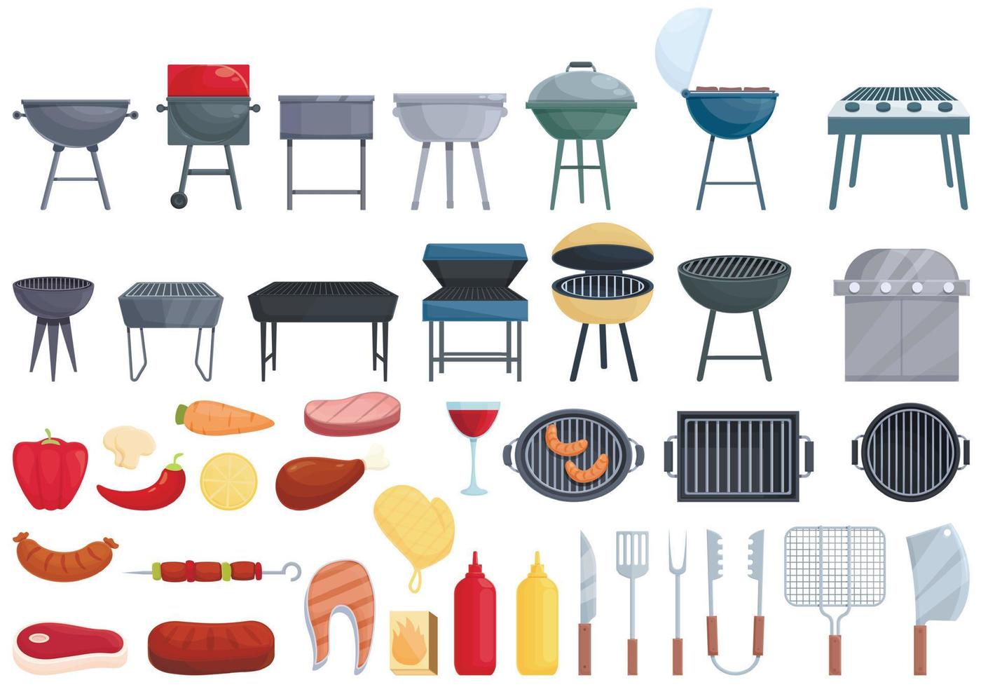 conjunto de iconos de parrilla vector de dibujos animados. cocina redonda