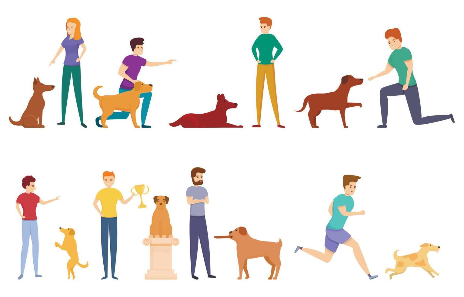 Dog handler icons set, cartoon style vector