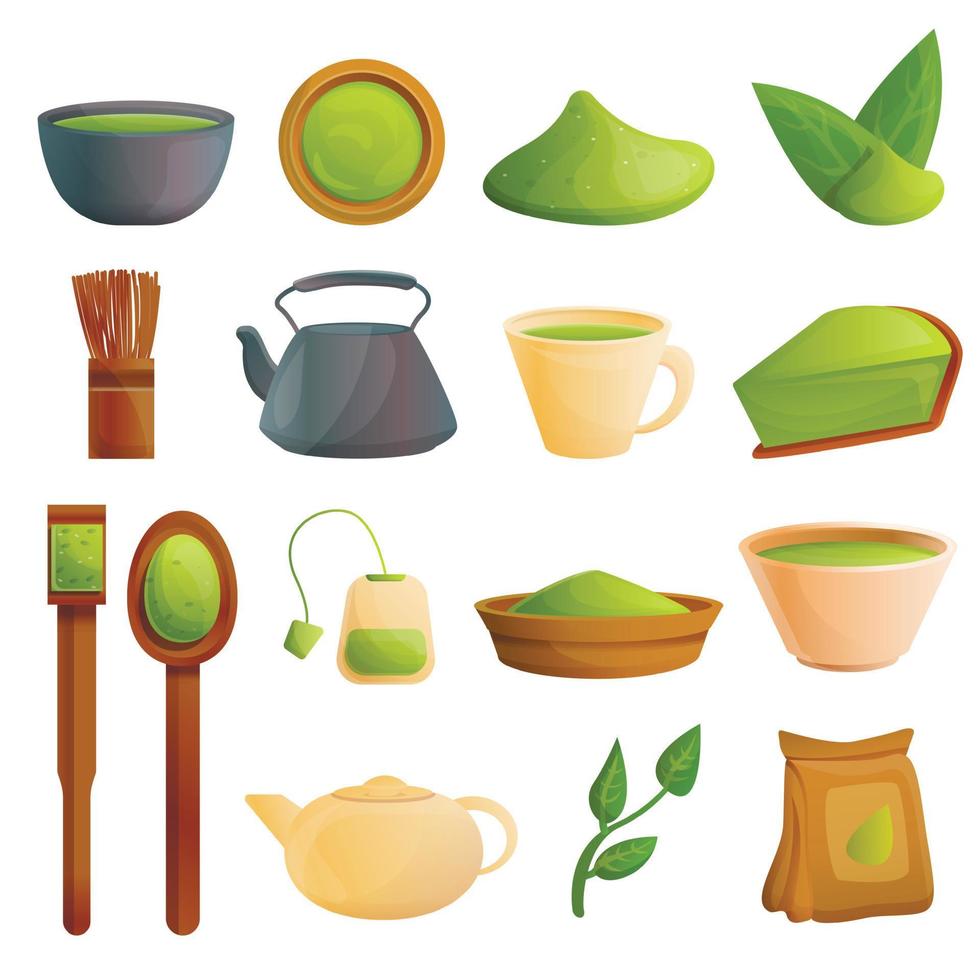 conjunto de iconos de té matcha, estilo de dibujos animados vector