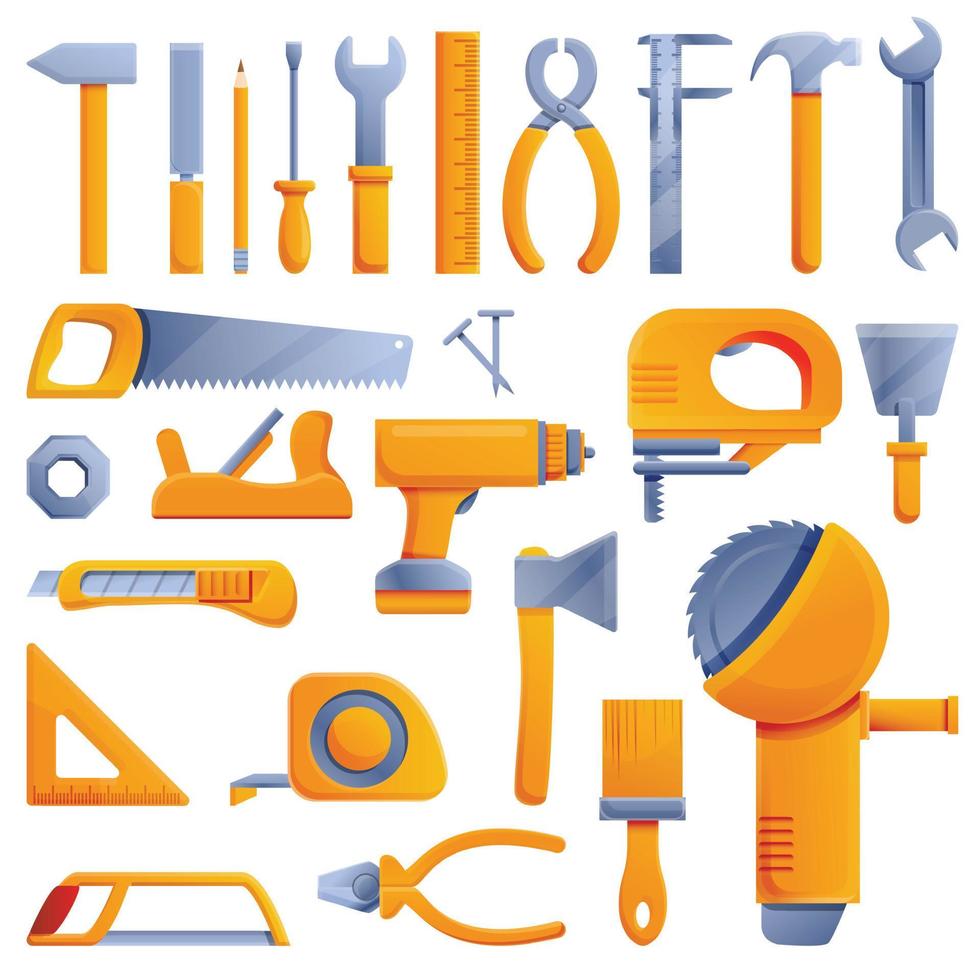 Carpenter tools icons set, cartoon style vector