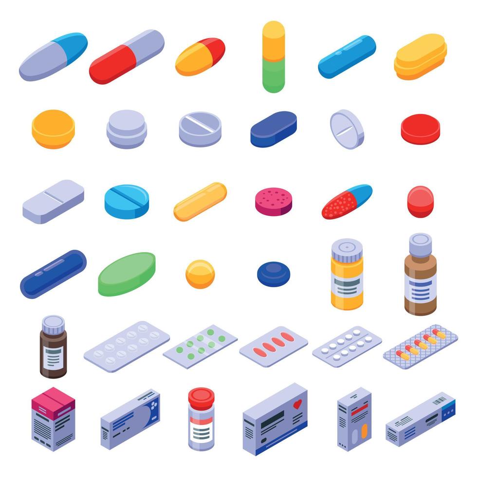 Pill drug icons set, isometric style vector