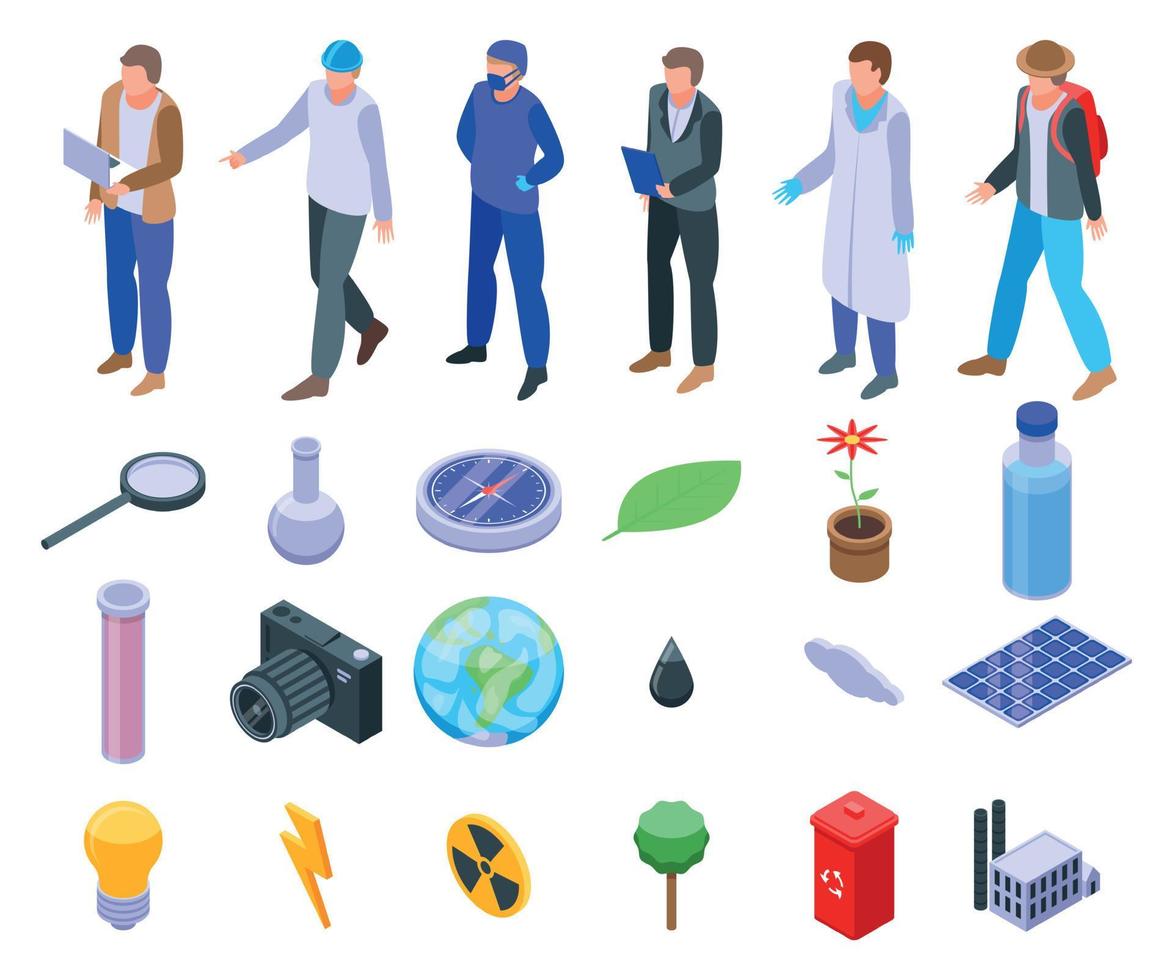 Ecologist icons set, isometric style vector