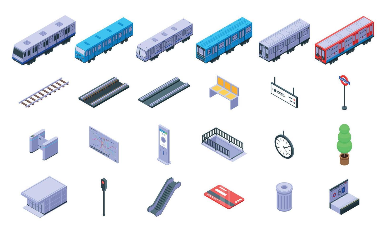 Subway train icons set, isometric style vector