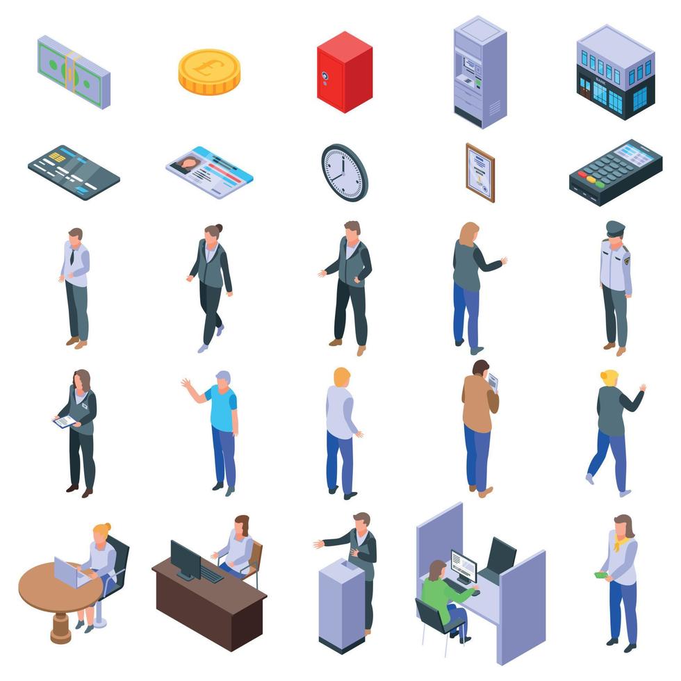 Bank teller icons set, isometric style vector