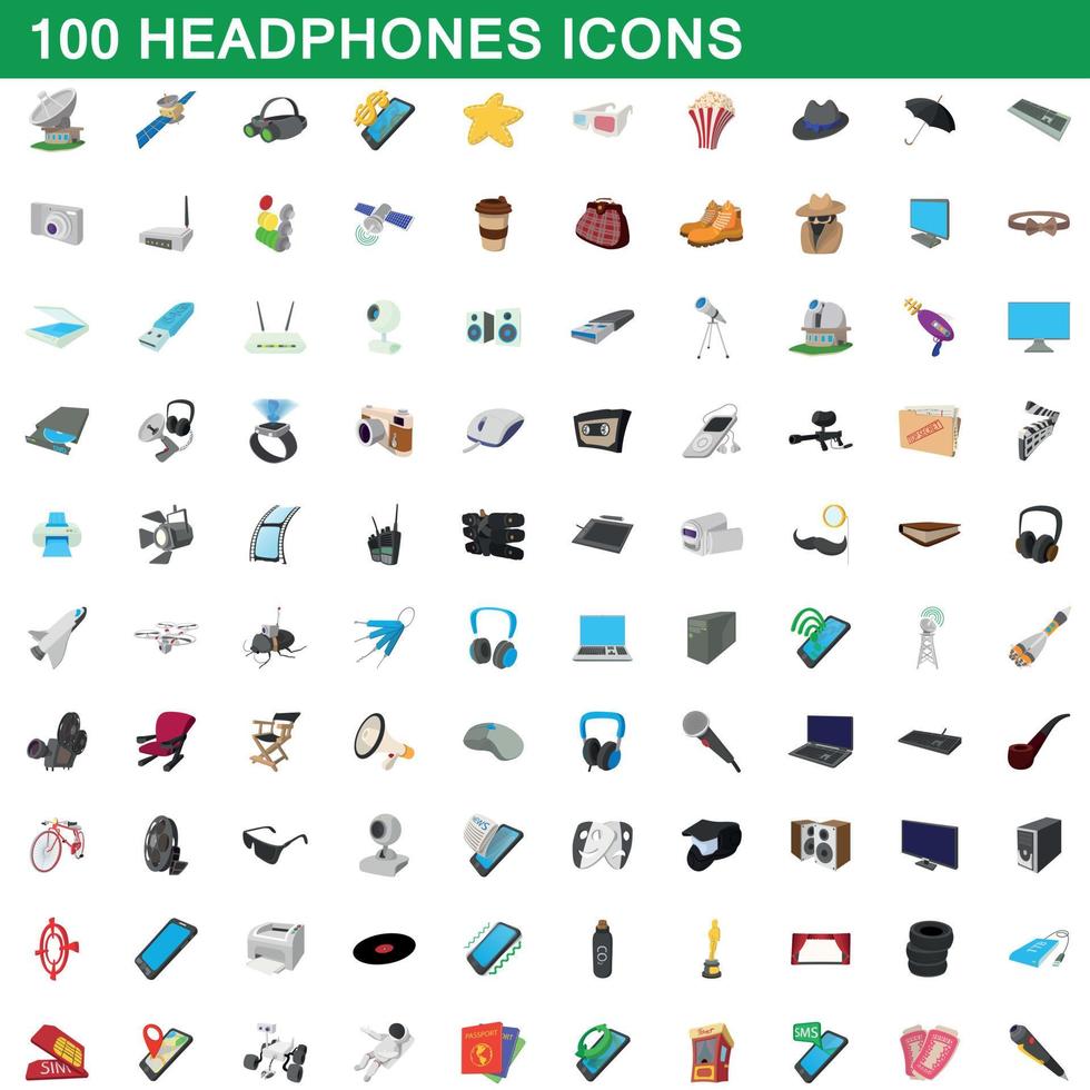 100 auriculares, conjunto de iconos de estilo de dibujos animados vector