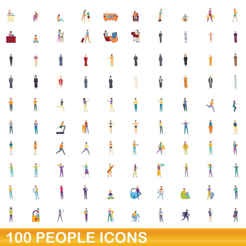 100 people icons set, cartoon style vector