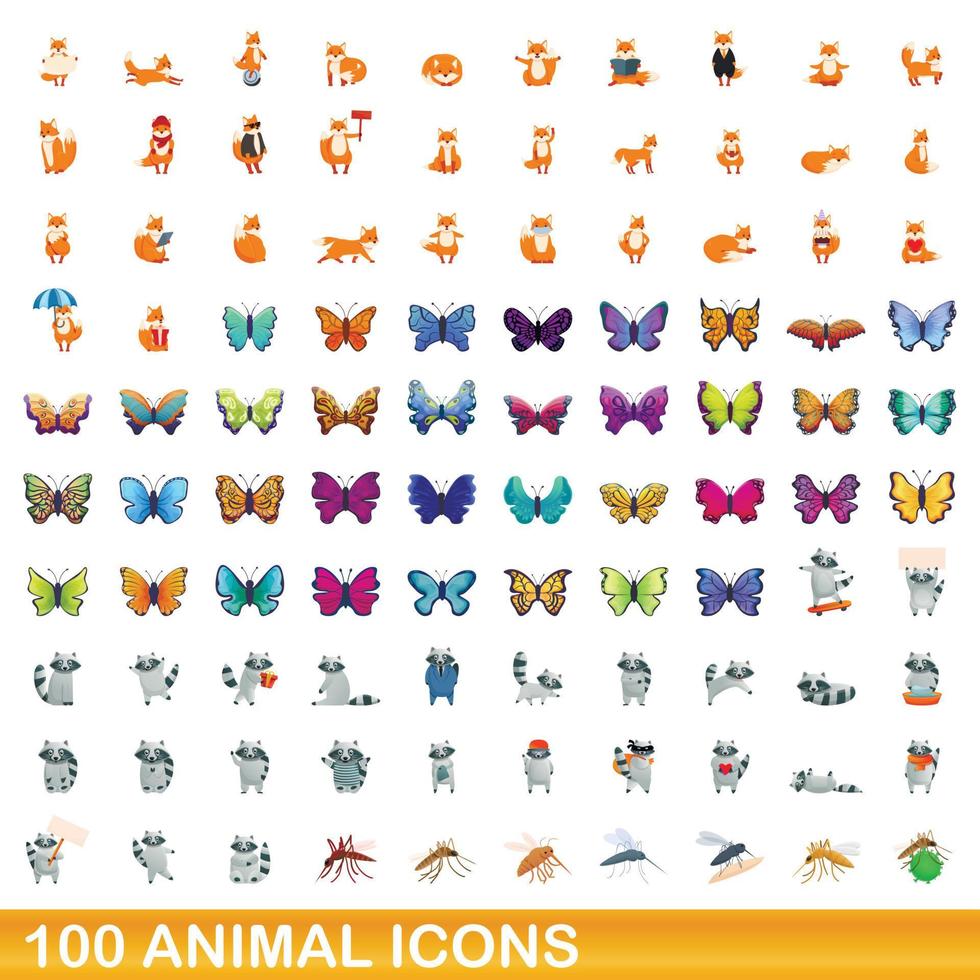 100 animales, conjunto de iconos de estilo de dibujos animados vector