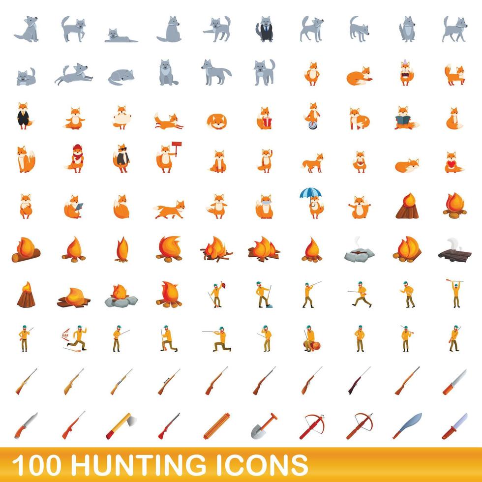 100 iconos de caza, estilo de dibujos animados vector