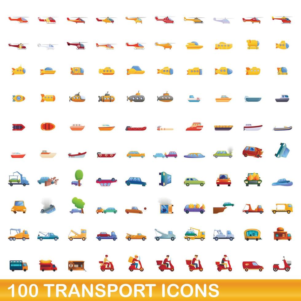 100 iconos de transporte, estilo de dibujos animados vector