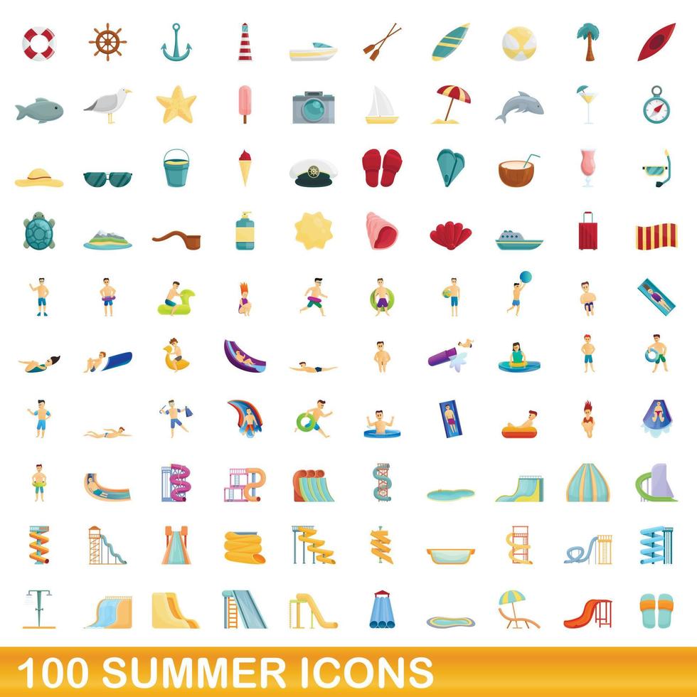 100 summer icons set, cartoon style vector