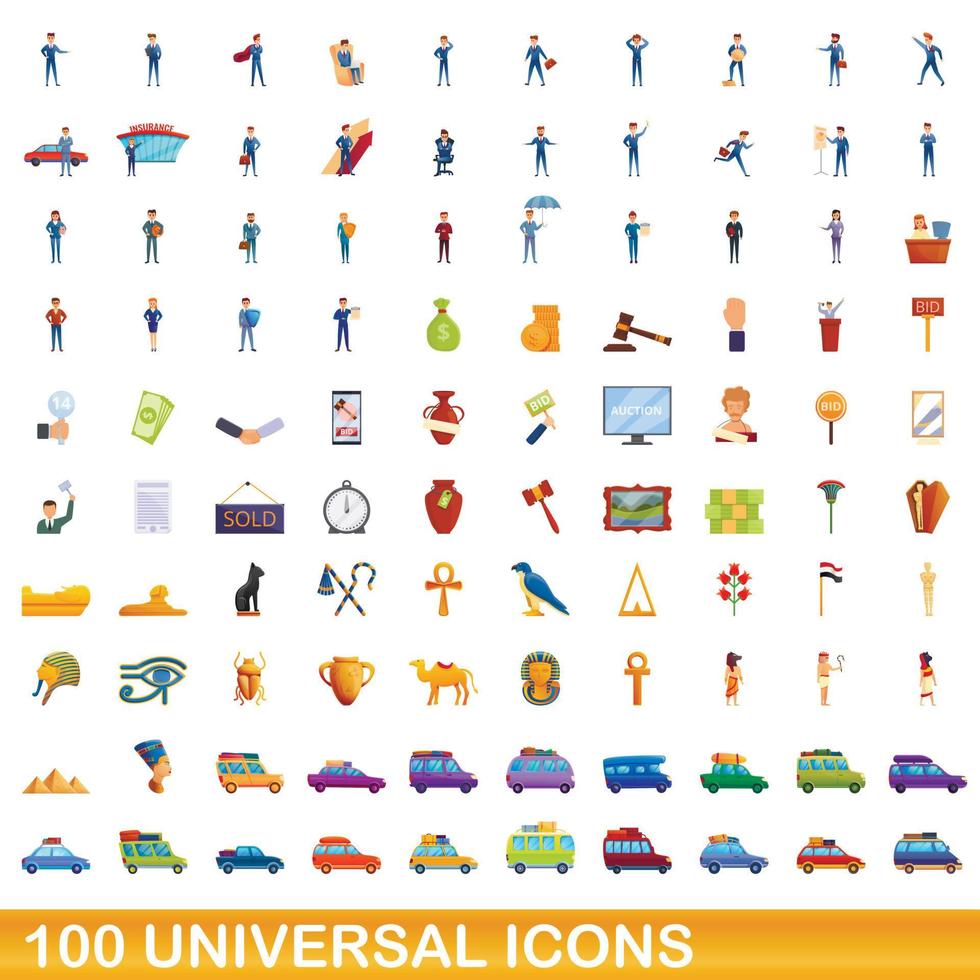 100 iconos universales, estilo de dibujos animados vector