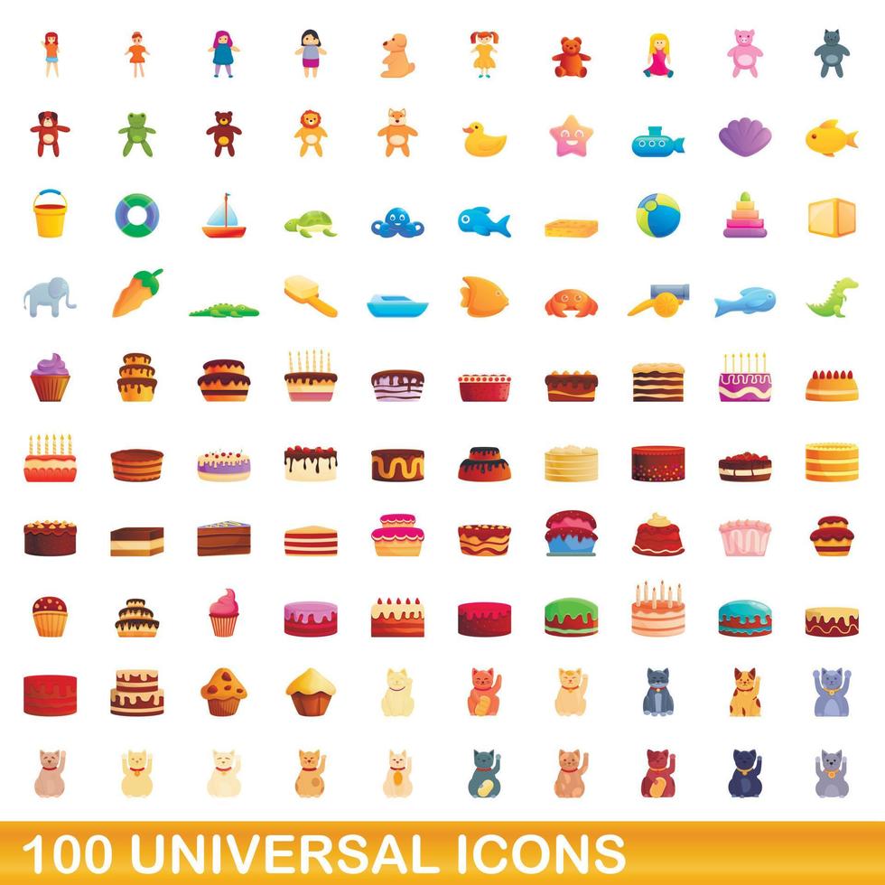 100 universal icons set, cartoon style vector