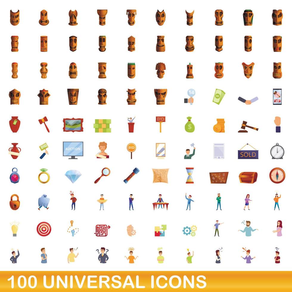 100 universal icons set, cartoon style vector