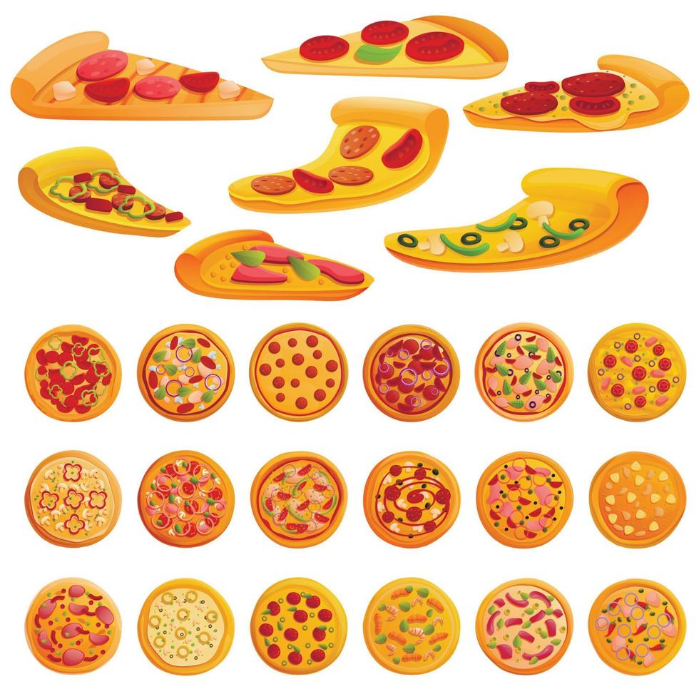 Pizza icons set, cartoon style vector
