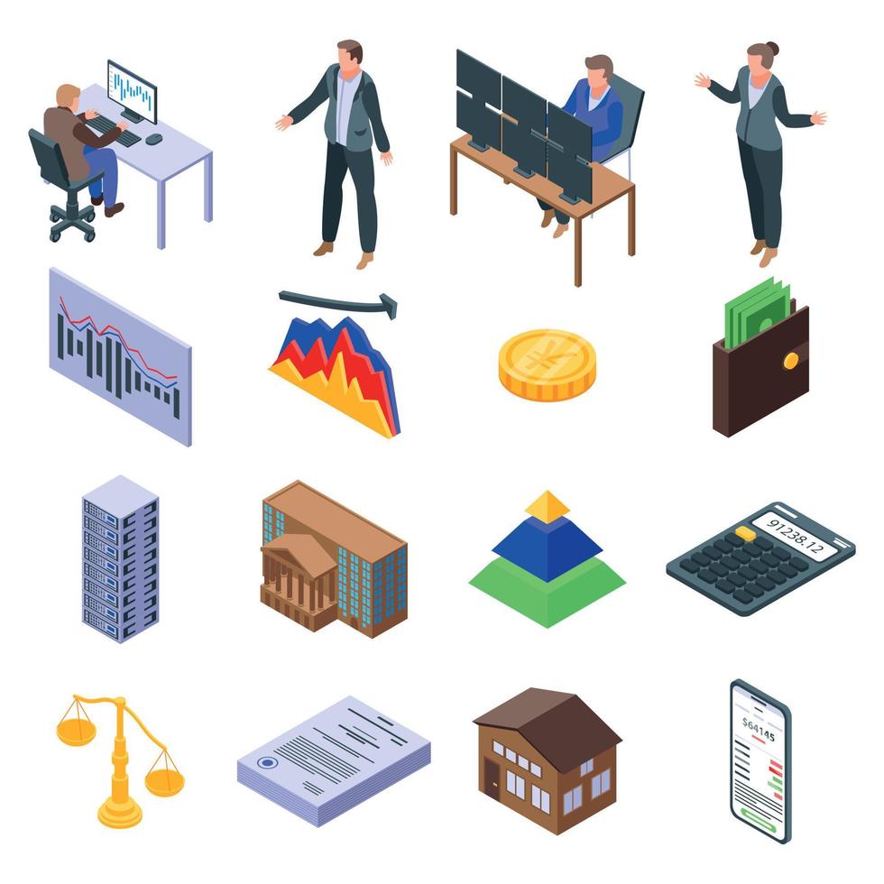 Broker icons set, isometric style vector