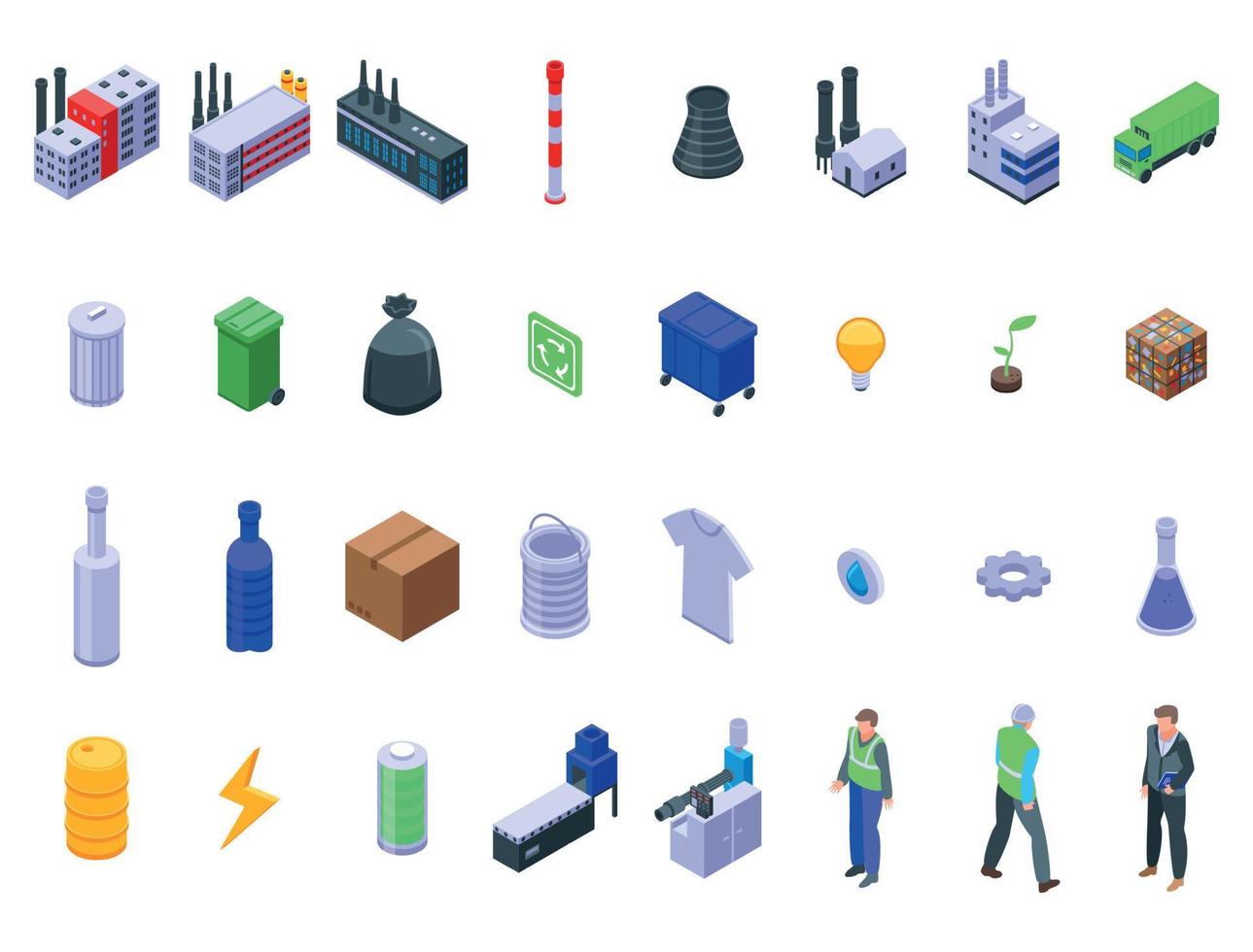 conjunto de iconos de fábrica de reciclaje, estilo isométrico vector