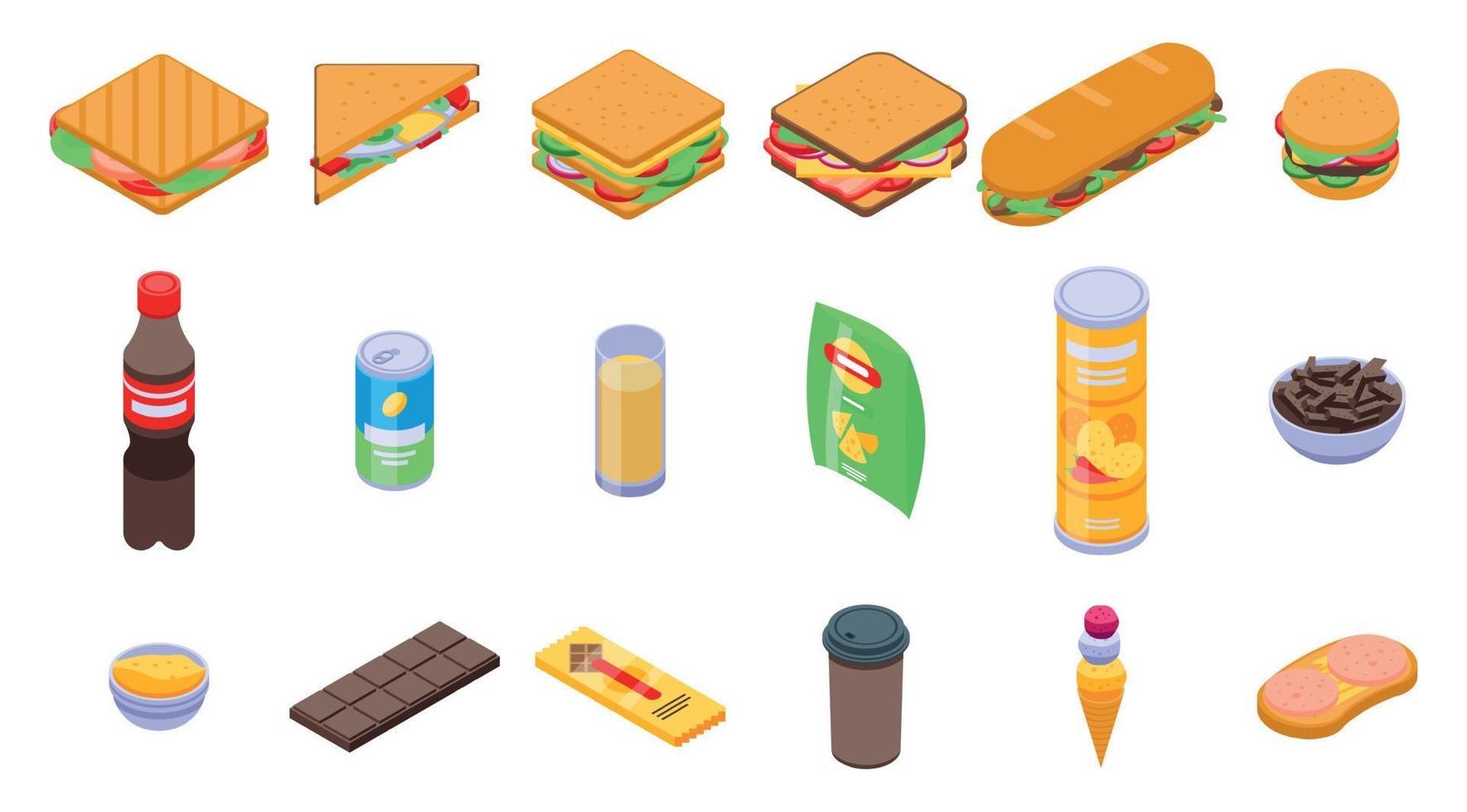 Sandwich bar icons set, isometric style vector