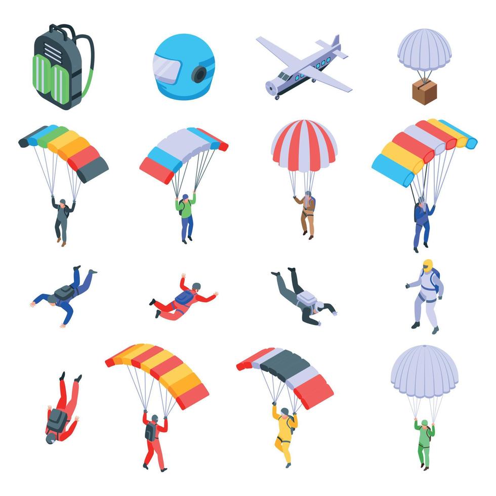Parachuting icons set, isometric style vector