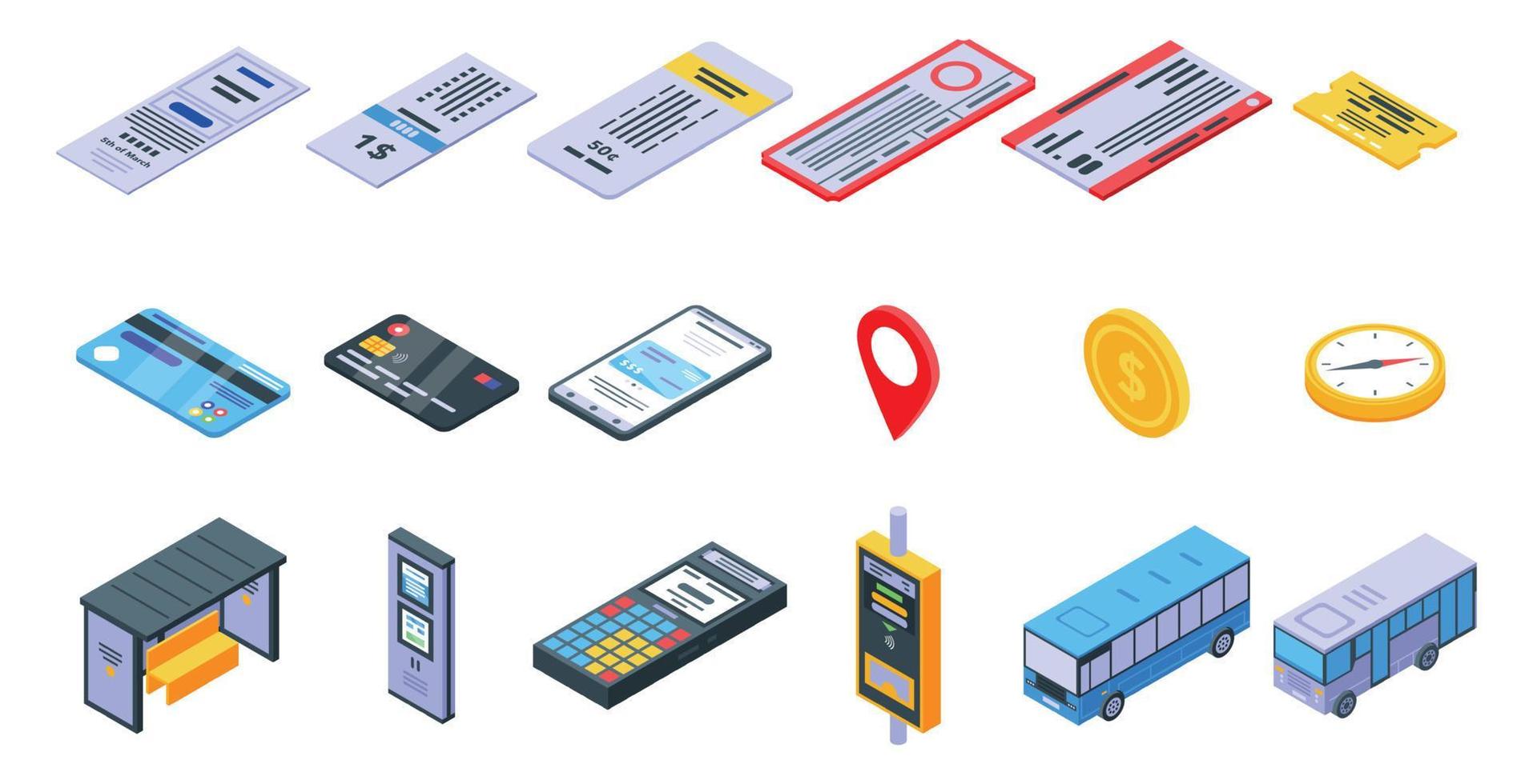 Bus ticketing icons set, isometric style vector