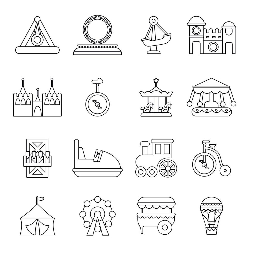 Amusement park icons set, outline style vector