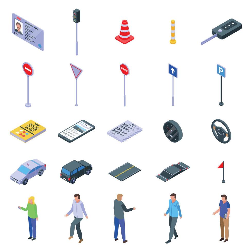 Driving school icons set, isometric style vector