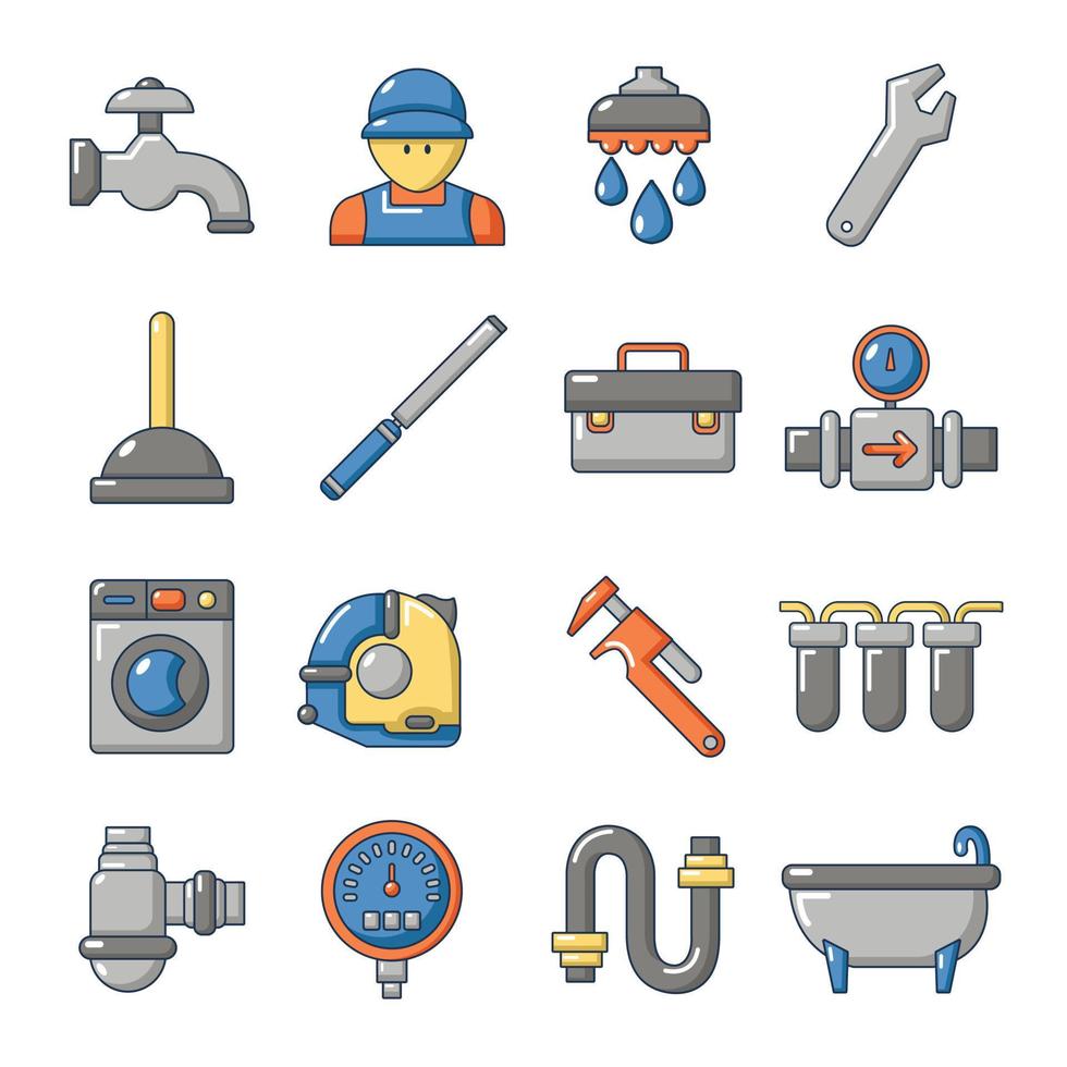 Conjunto de iconos de símbolos de fontanero, estilo de dibujos animados vector