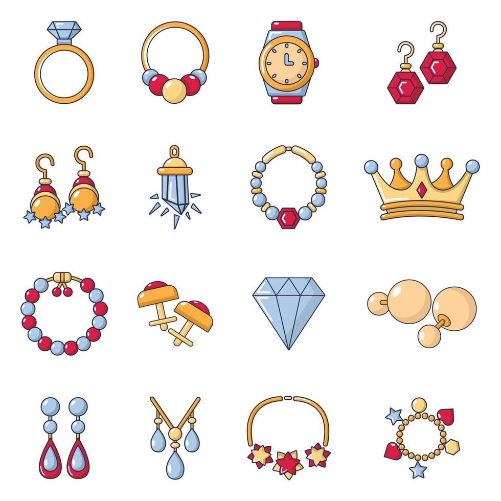 Jewelry shop icons set, cartoon style vector