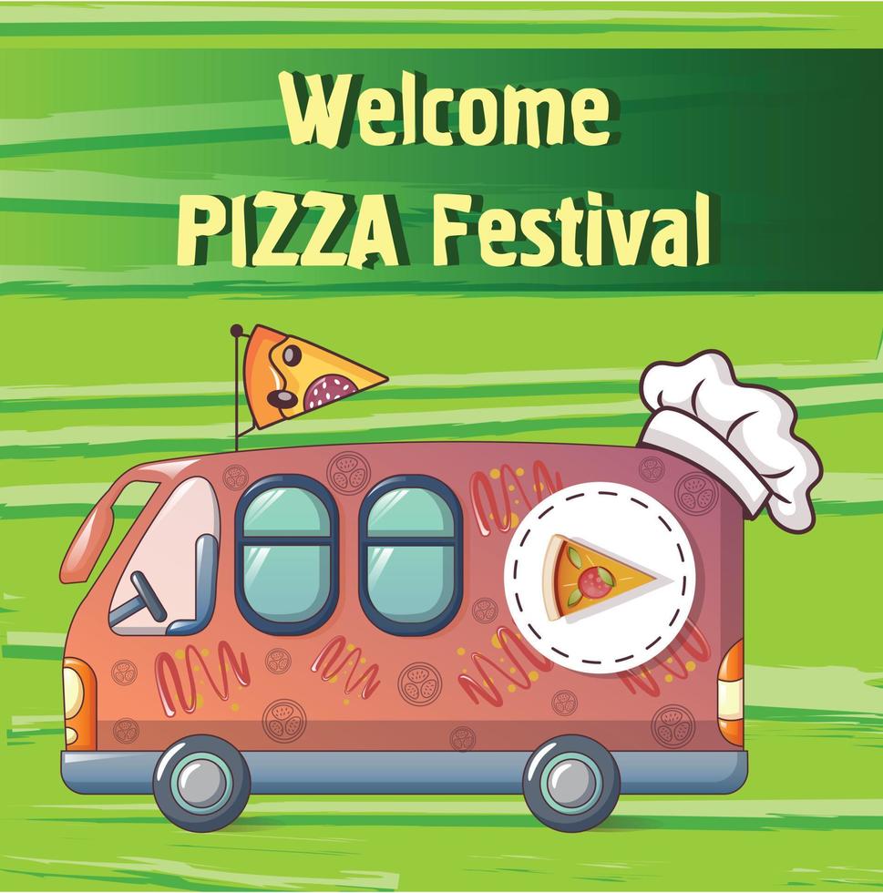 Fondo de concepto de camión de festival de pizza, estilo de dibujos animados vector