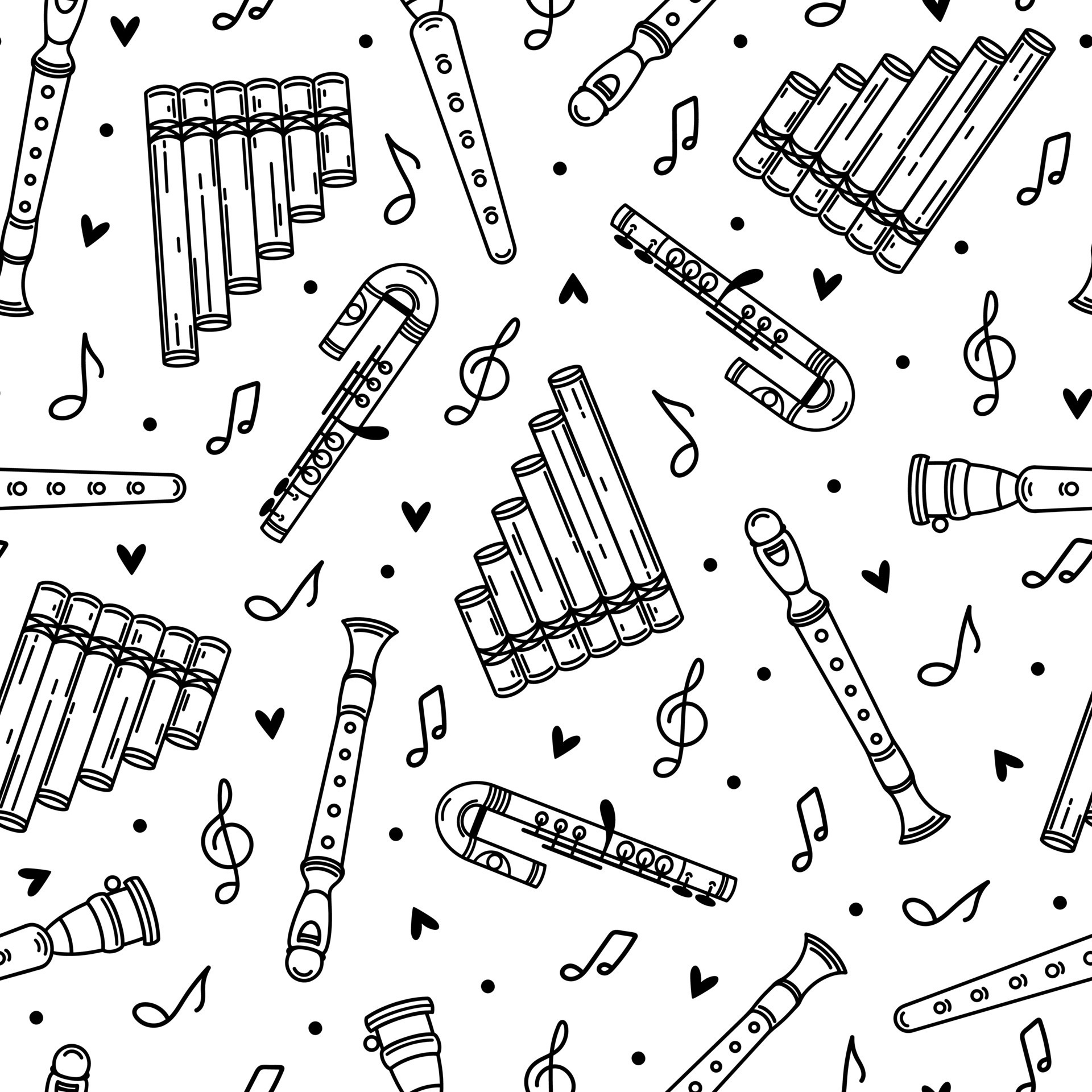 Flute seamless vector pattern. Hand drawn wooden or metal musical  instrument. Block flute, pan pipe, duduk, piccolo. Device for classical,  folk, popular music. Background with notes, equipment 8858032 Vector Art at  Vecteezy