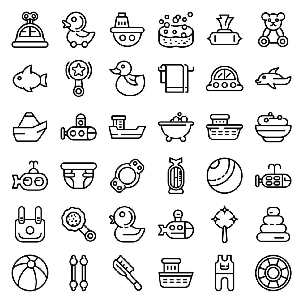 Bath toys icons set, outline style vector