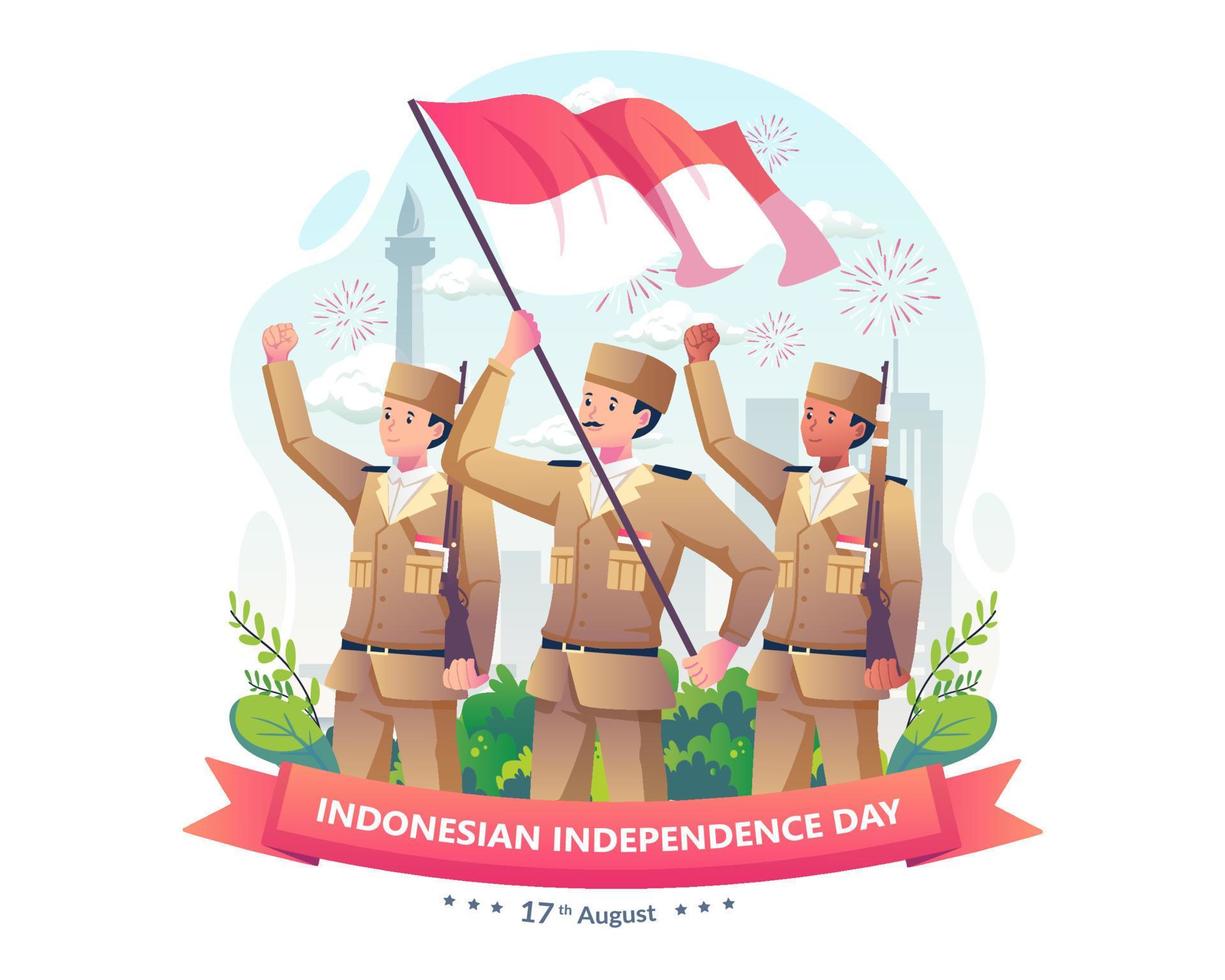 soldados de indonesia con uniformes antiguos con rifles y sosteniendo una bandera roja y blanca de indonesia. feliz día de la independencia de indonesia el 17 de agosto. ilustración vectorial en estilo plano vector