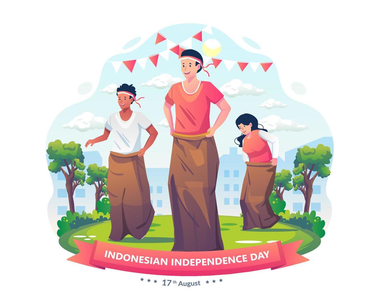 People celebrate Indonesian Independence Day by participating in Sack Race Competition or Lomba Balap karung on the 17th August. Vector illustration in flat style