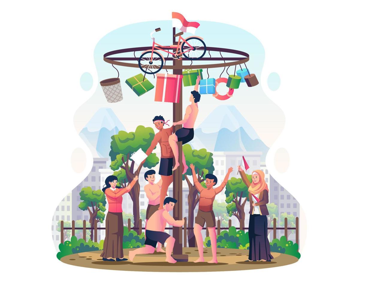 la gente celebra el día de la independencia de indonesia con panjat pinang o competencia de juego tradicional de escalada de postes. ilustración vectorial en estilo plano vector