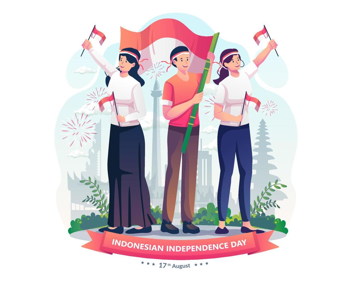 Youth celebrate Indonesia's independence day by holding the red and white Indonesian flag. Indonesia independence day on August 17th. Vector illustration in flat style