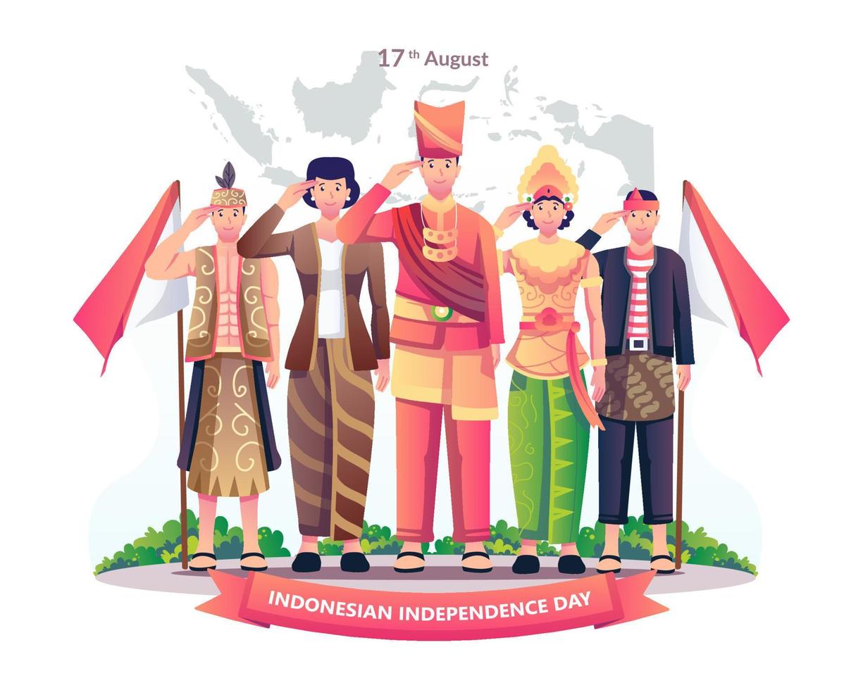 un grupo de personas con diferentes ropas tradicionales celebran respetuosamente el día de la independencia de indonesia el 17 de agosto. ilustración vectorial en estilo plano vector