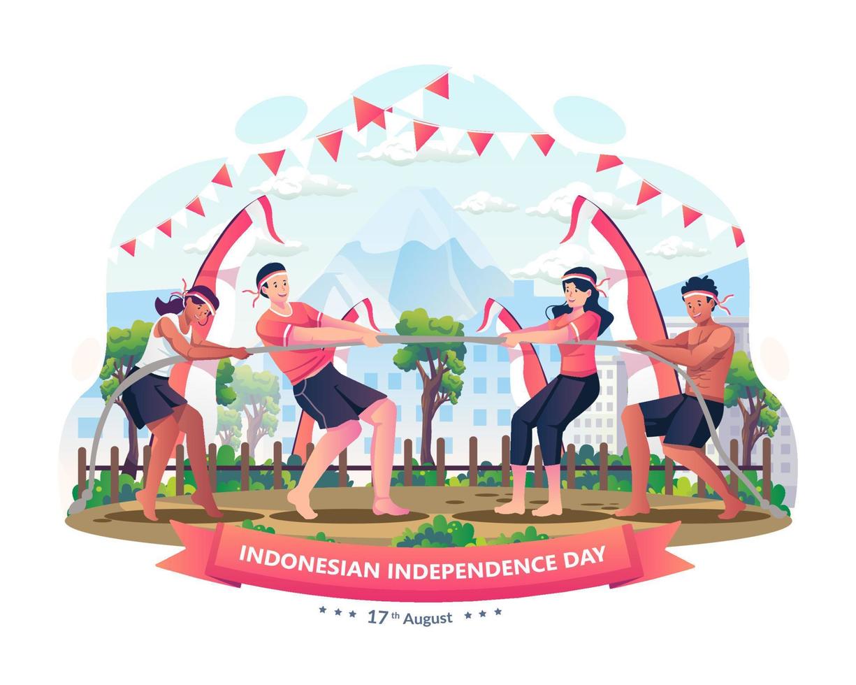 la gente celebra el día de la independencia de indonesia participando en la competencia de juego tira y afloja o tarik tambang. ilustración vectorial en estilo plano vector