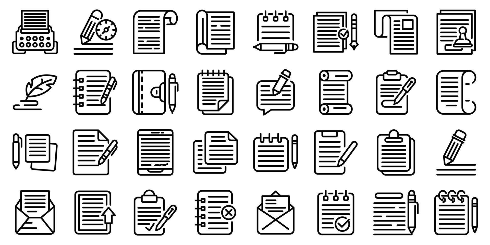 Writing icons set, outline style vector