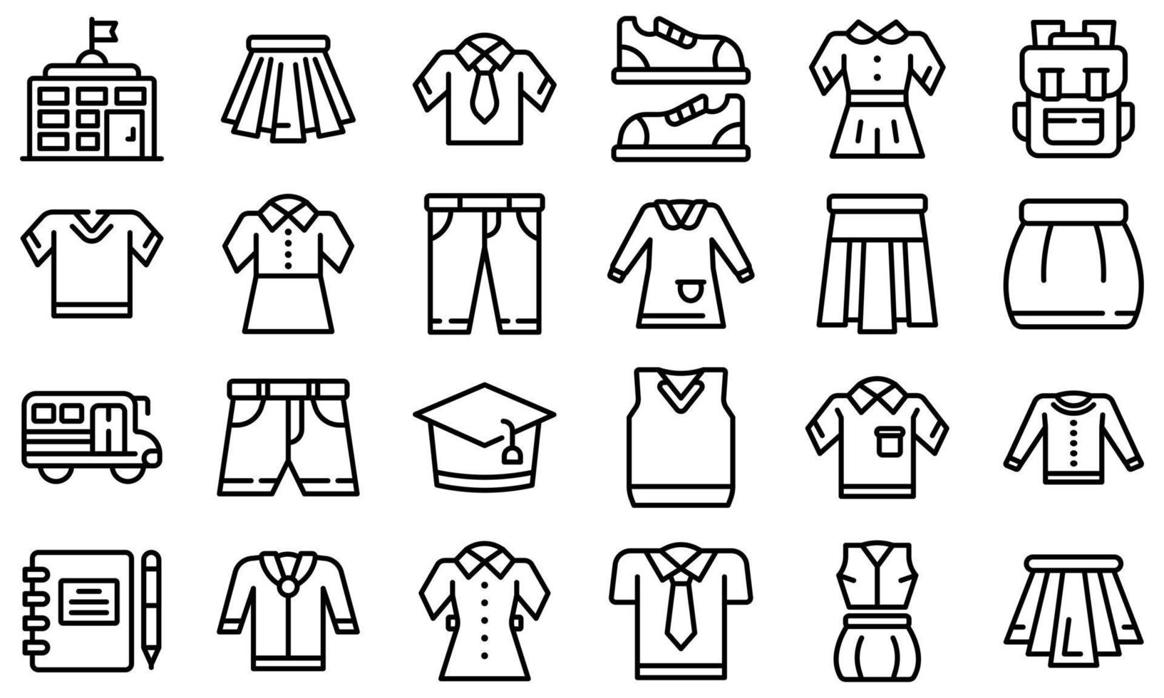 conjunto de iconos de uniforme escolar, estilo de esquema vector