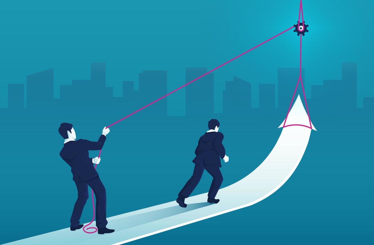 businessman standing on arrow graph and pulling it upwards with rope and other businessman running towards arrow. teamwork concept. grow chart up increase profit sales and investment vector