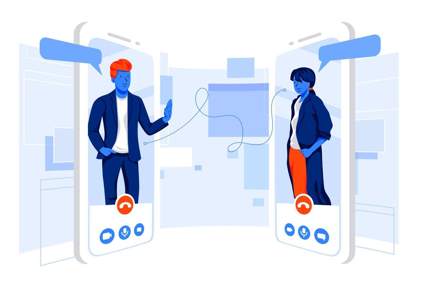 Man and woman having a discussion with video call. Online meeting and work from home concept illustration vector